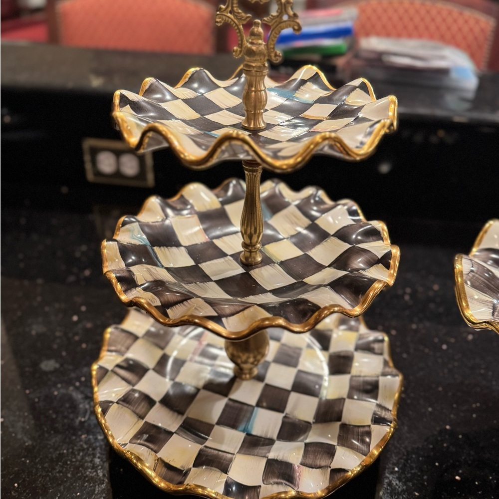 Mackenzie Childs Black and White Checkered Tiered Tray with Gold Trim and Bowl
